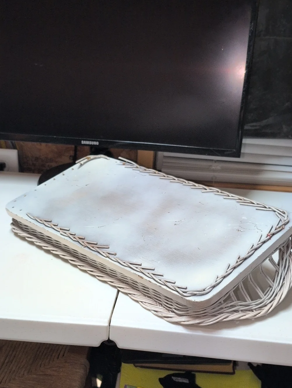 Vintage Coastal Palm-Print Beige Wicker Cocktail ServingTray